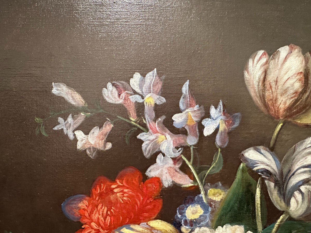 Large Still Life Painting With Flowers And Goldfinches Around 1830.-photo-4
