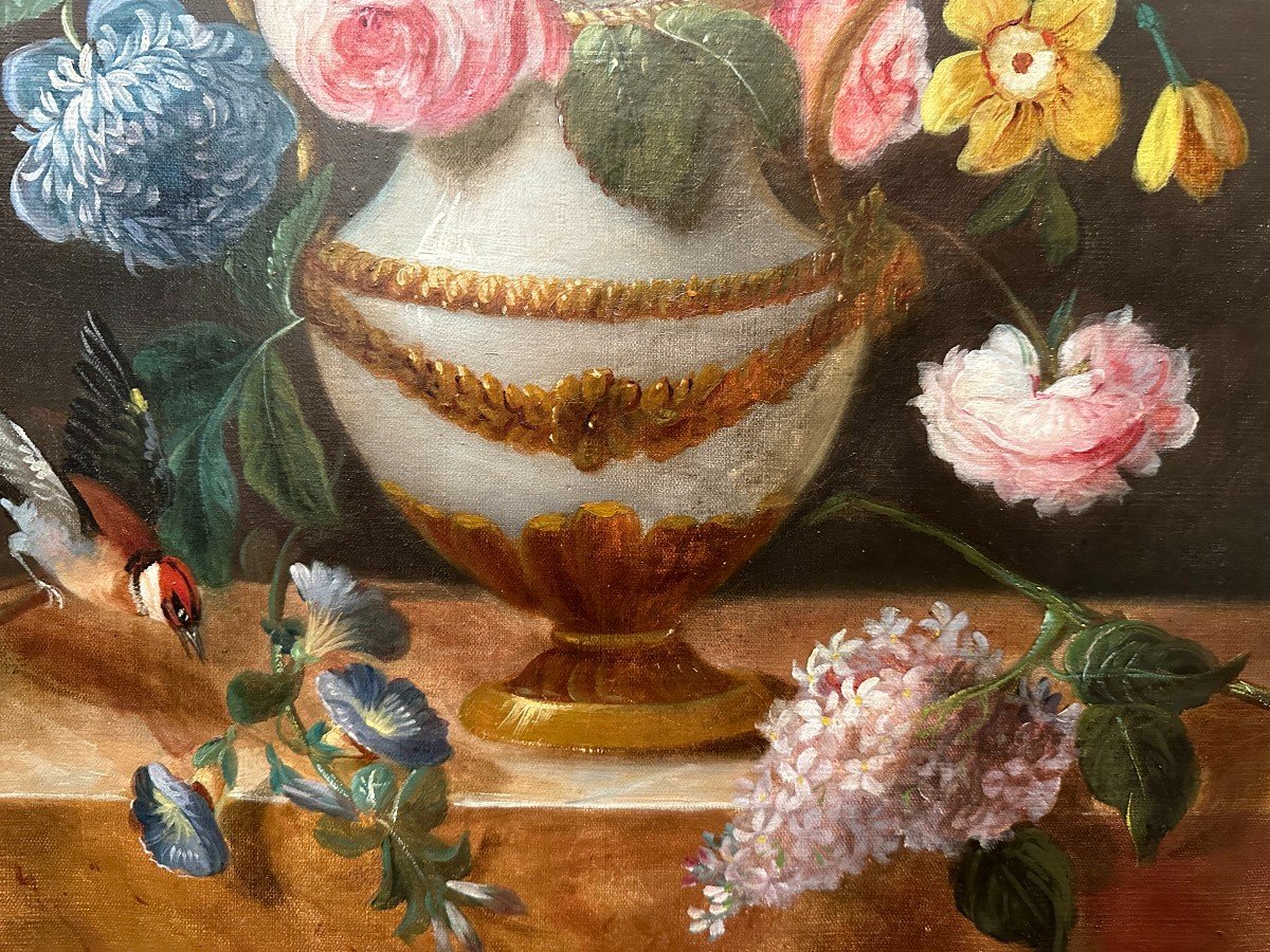 Large Still Life Painting With Flowers And Goldfinches Around 1830.-photo-7