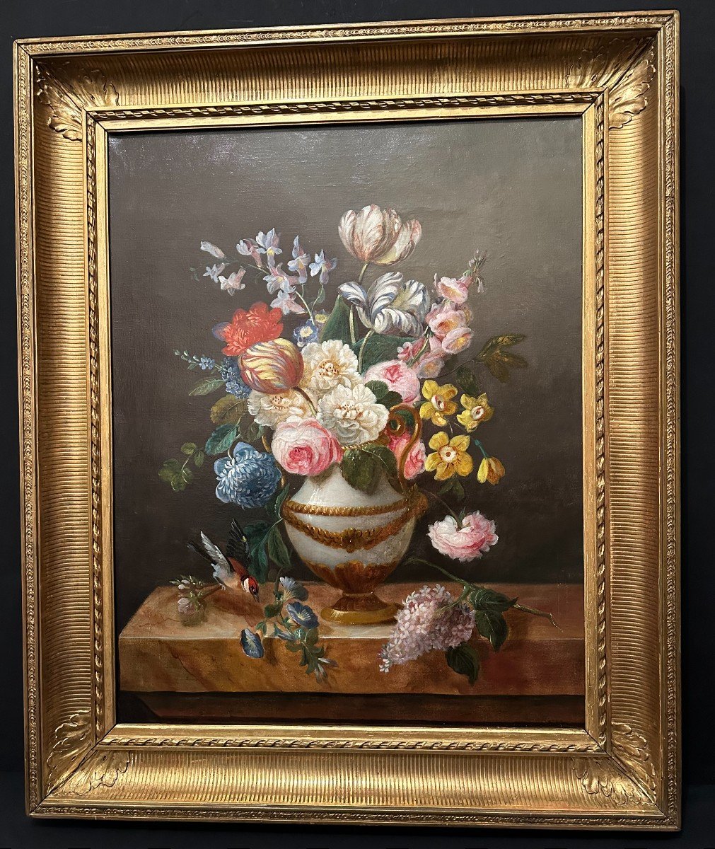 Large Still Life Painting With Flowers And Goldfinches Around 1830.
