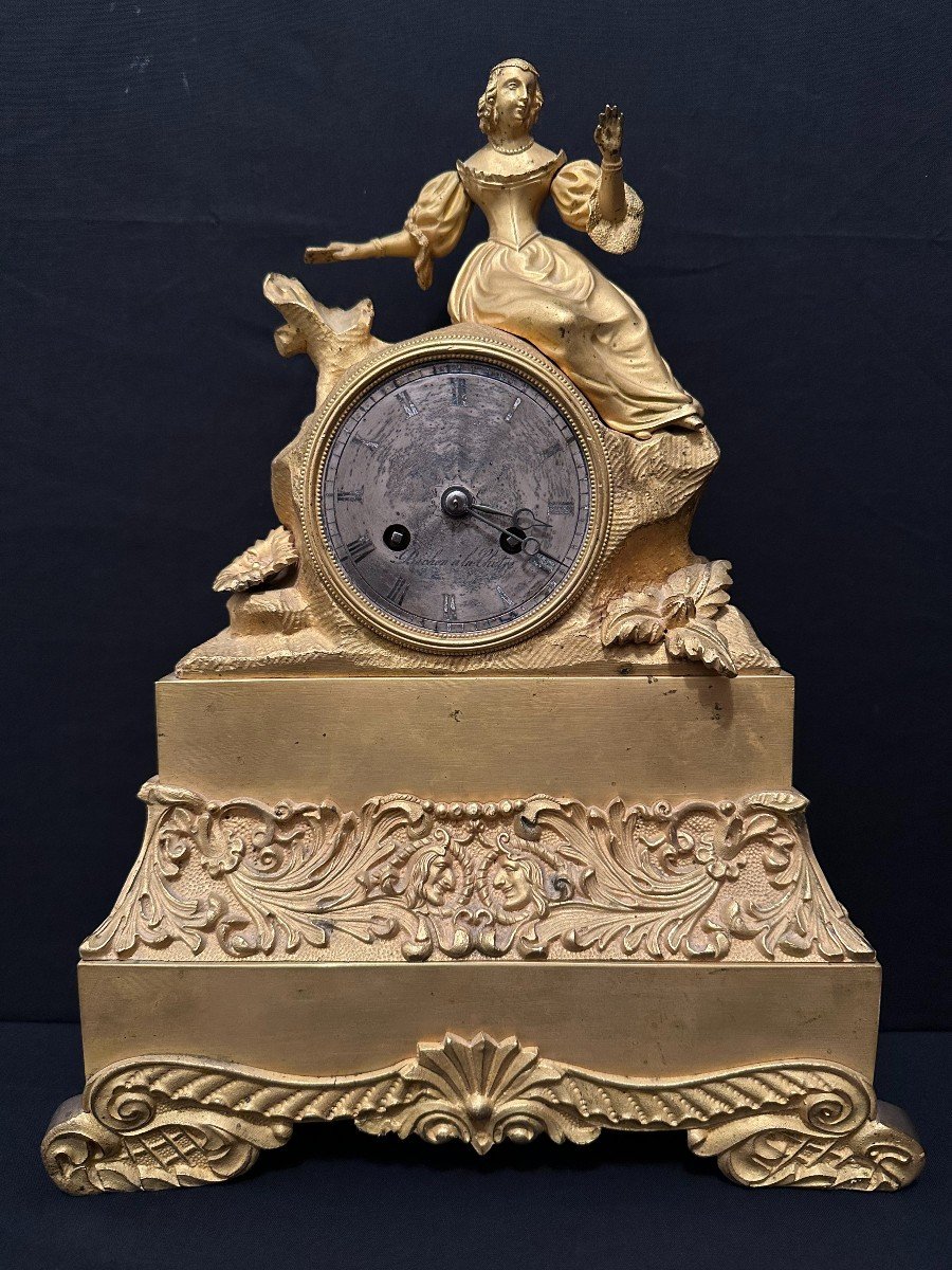Pendulum Gilt Bronze Romantic Woman Au Billet Doux Restoration Period Early Nineteenth Century