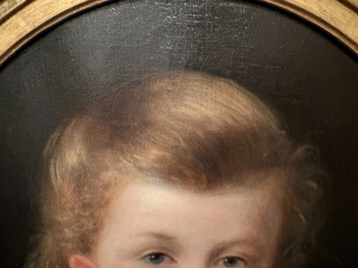 Tableau Portrait Enfant Jeune Fille Au Nœud Rouge Milieu XIXème-photo-1