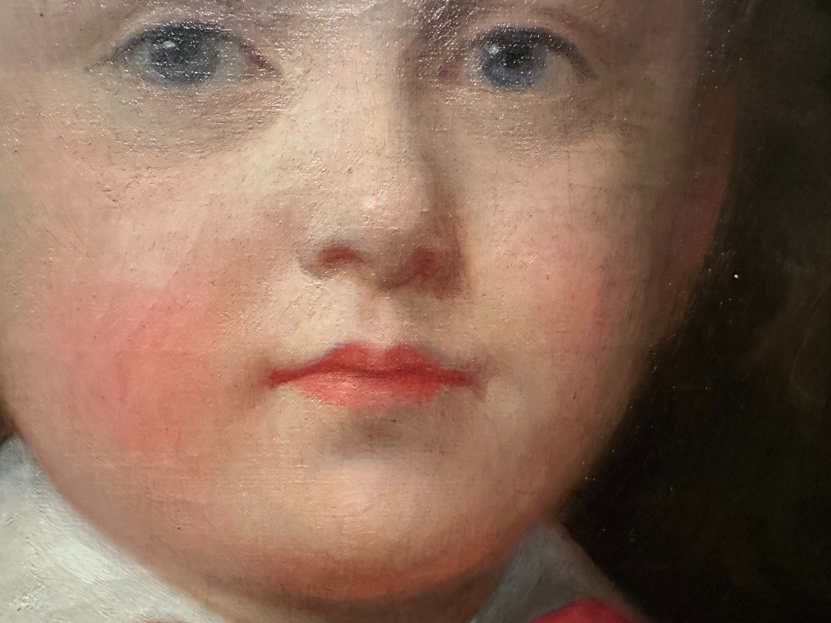 Tableau Portrait Enfant Jeune Fille Au Nœud Rouge Milieu XIXème-photo-3