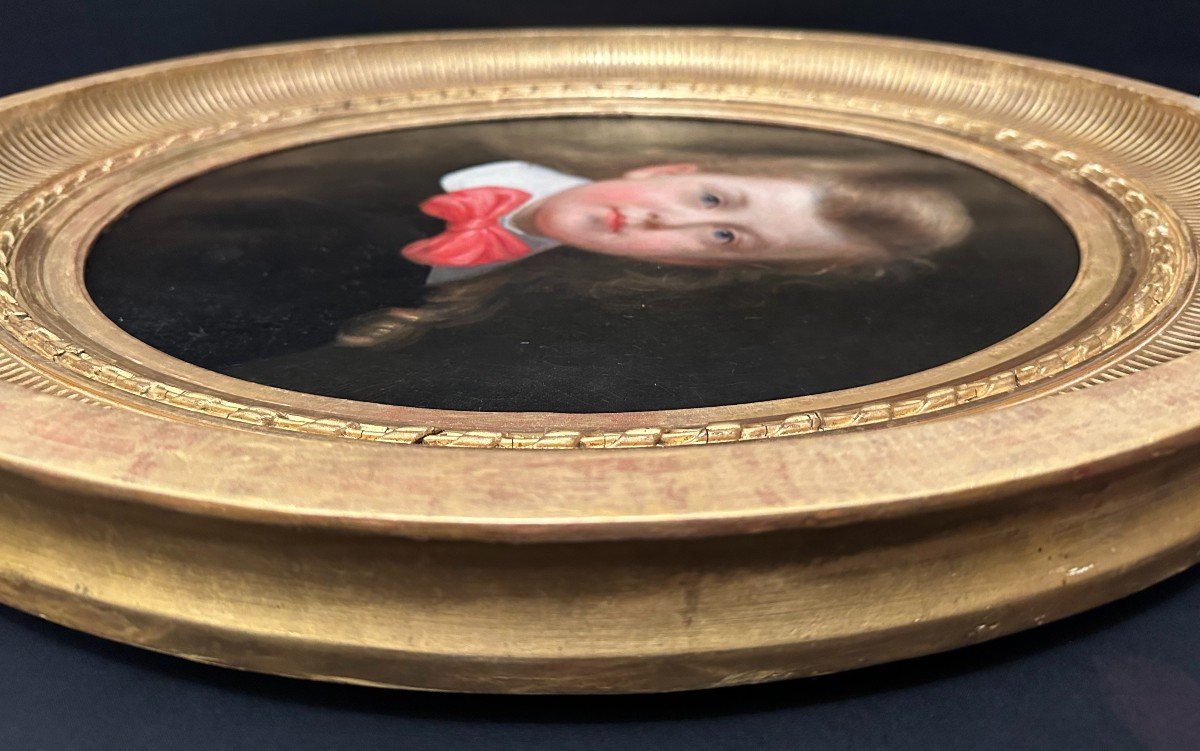 Tableau Portrait Enfant Jeune Fille Au Nœud Rouge Milieu XIXème-photo-8
