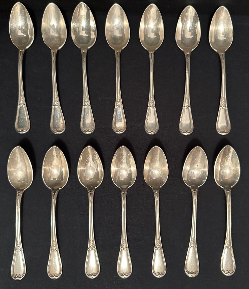 émile Puiforcat 14 Small Spoons Sterling Silver  Flowered Net Model Nineteenth Century