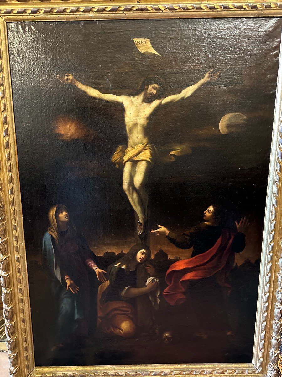 Grand Tableau La Crucifixion École Italienne XVIIIème Dans Un Cadre Bois Doré d'Époque-photo-2