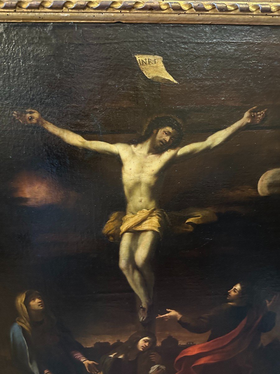 Grand Tableau La Crucifixion École Italienne XVIIIème Dans Un Cadre Bois Doré d'Époque-photo-3
