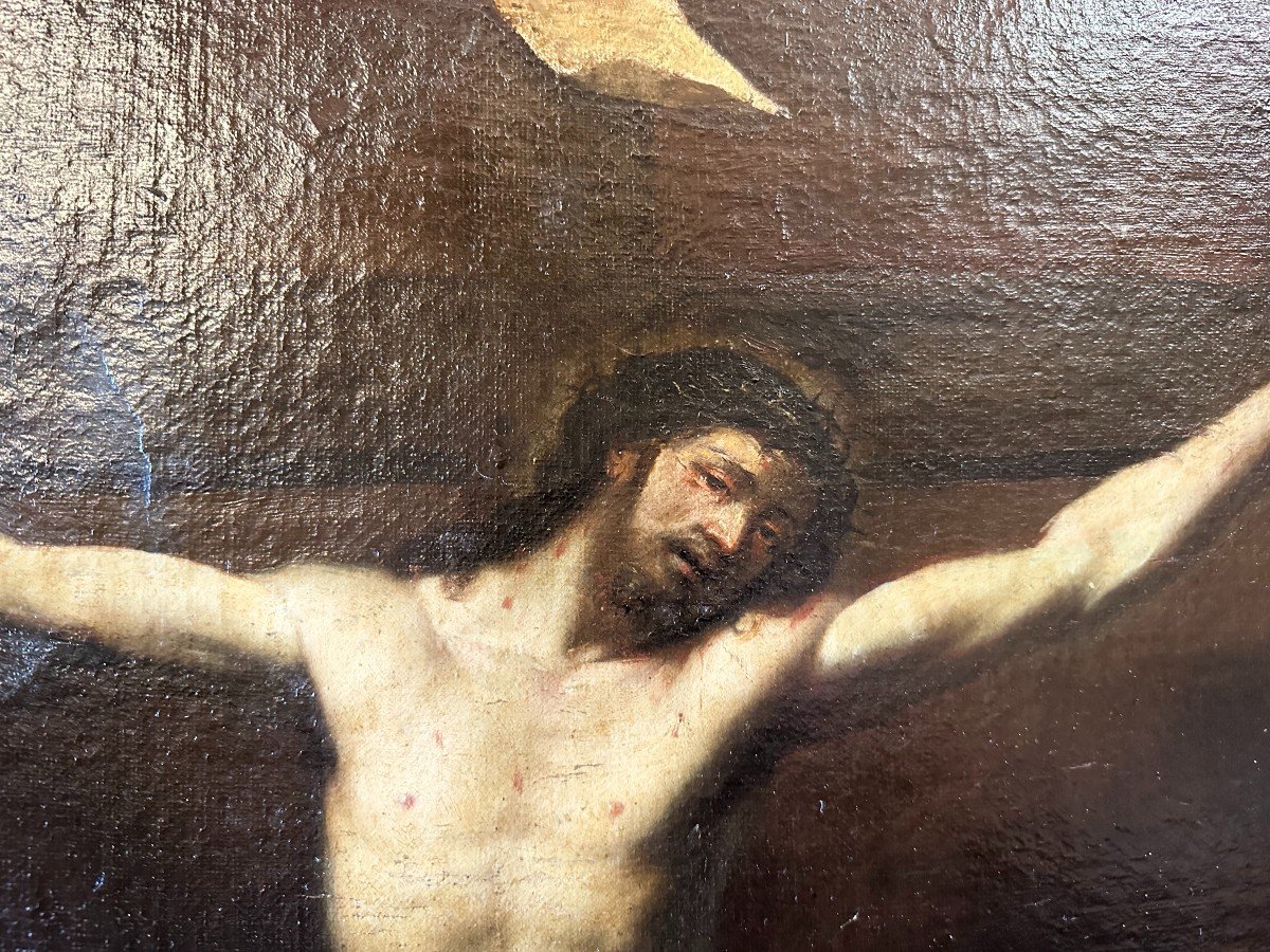 Grand Tableau La Crucifixion École Italienne XVIIIème Dans Un Cadre Bois Doré d'Époque-photo-1