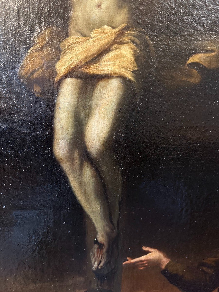 Grand Tableau La Crucifixion École Italienne XVIIIème Dans Un Cadre Bois Doré d'Époque-photo-2