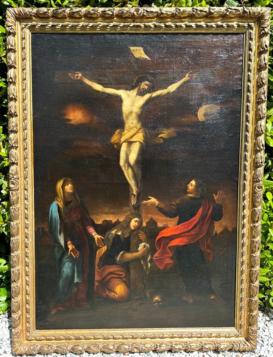 Grand Tableau La Crucifixion École Italienne XVIIIème Dans Un Cadre Bois Doré d'Époque