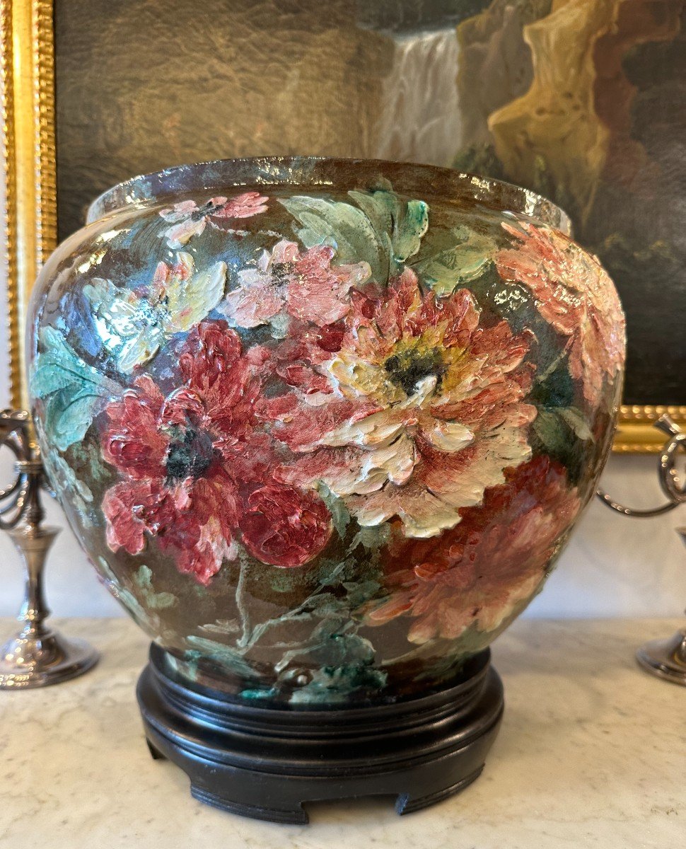 Gien  Important Cache-pot En Céramique Impressionniste Décoré  Par Lafond Fin XIXème