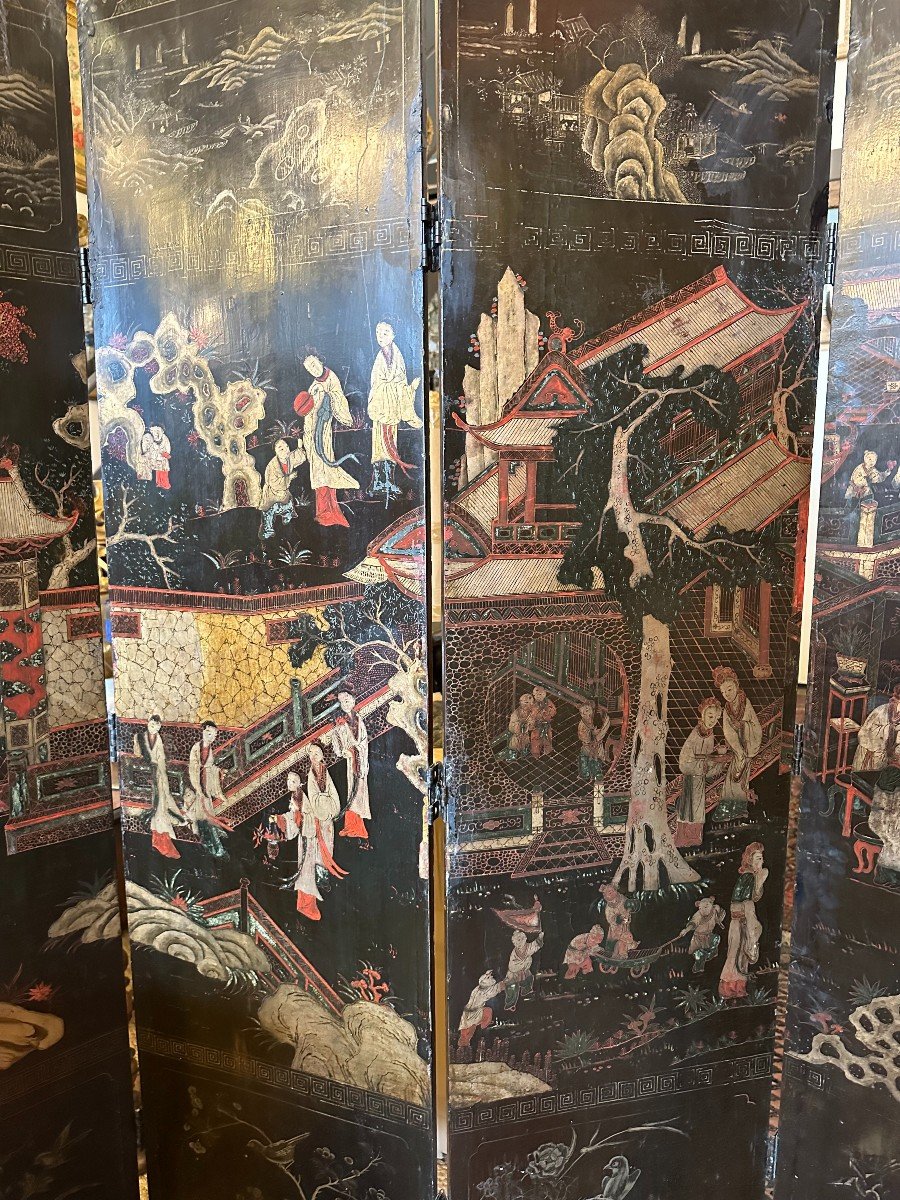 China Screen With Four Leaves In Black Lacquered Wood With Polychrome And Gold Decor XIXth Cent-photo-1