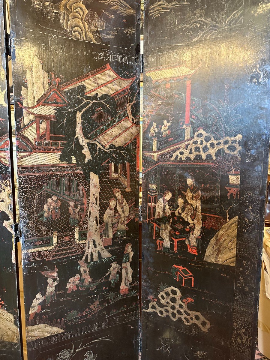 China Screen With Four Leaves In Black Lacquered Wood With Polychrome And Gold Decor XIXth Cent-photo-4