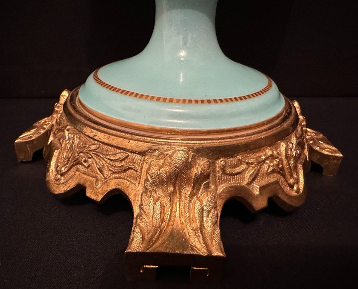 Paire De Lampes à Pétrole Porcelaine Montées Bronze Dans Le Goût De Sèvres XIXème-photo-3