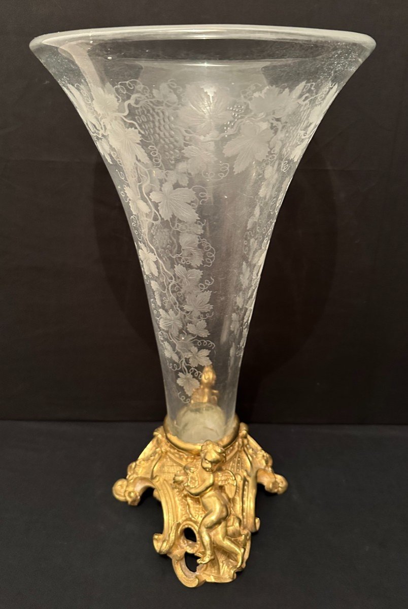 Vase Cornet Cristal Et Bronze Doré Aux Amours Fin XIXème-photo-2