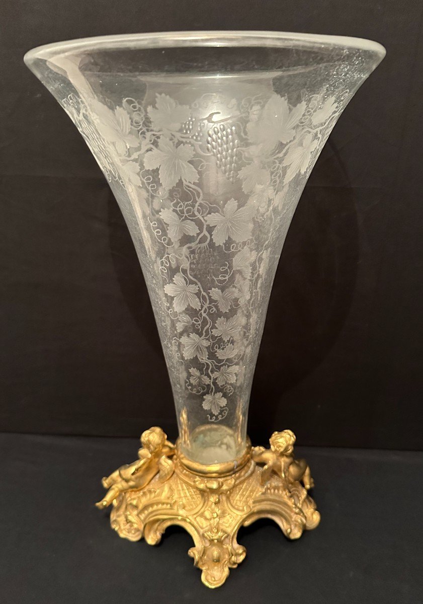 Vase Cornet Cristal Et Bronze Doré Aux Amours Fin XIXème-photo-3