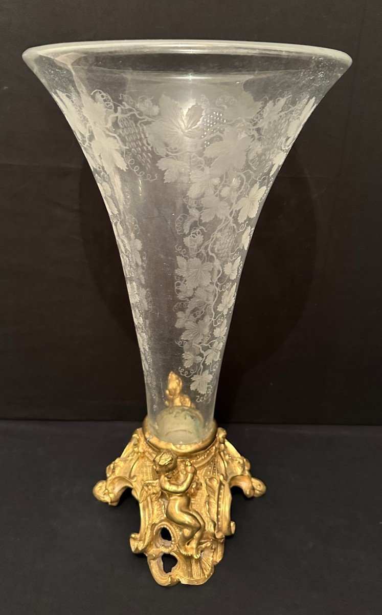 Vase Cornet Cristal Et Bronze Doré Aux Amours Fin XIXème-photo-4