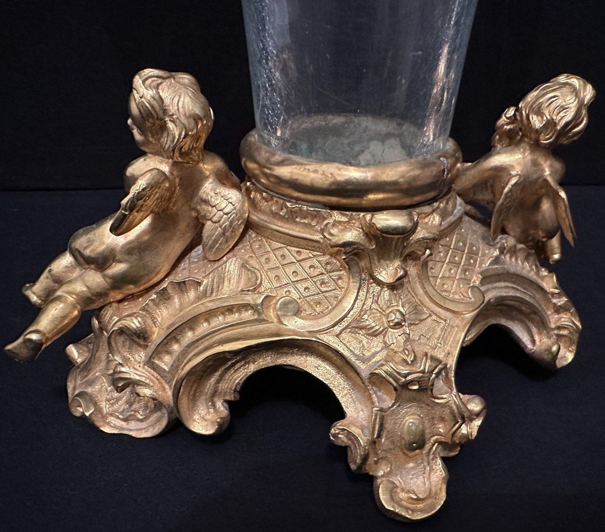 Vase Cornet Cristal Et Bronze Doré Aux Amours Fin XIXème-photo-3
