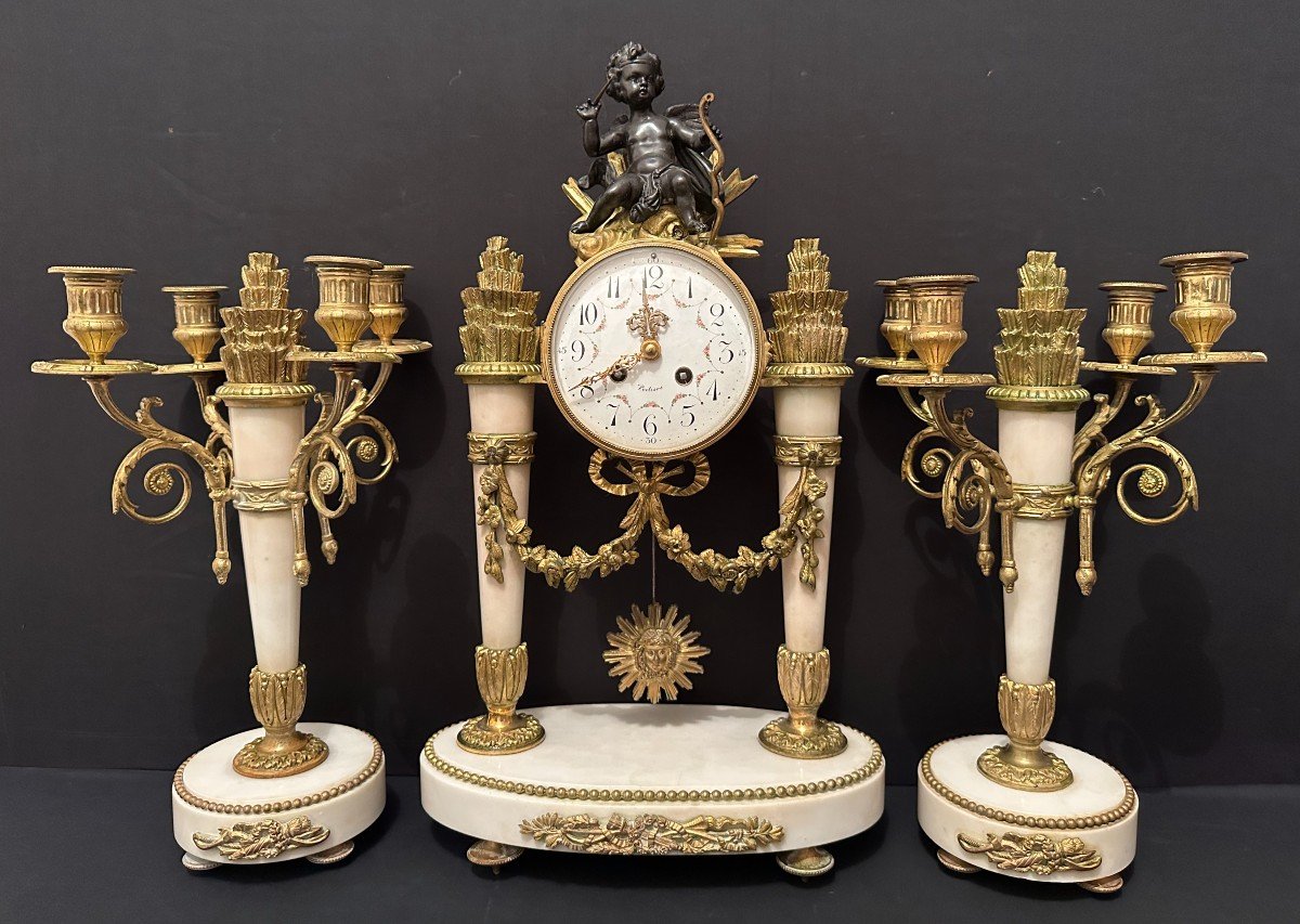 Louis XVI Style Mantel Clock With Love Bronze And Marble Late Nineteenth Century
