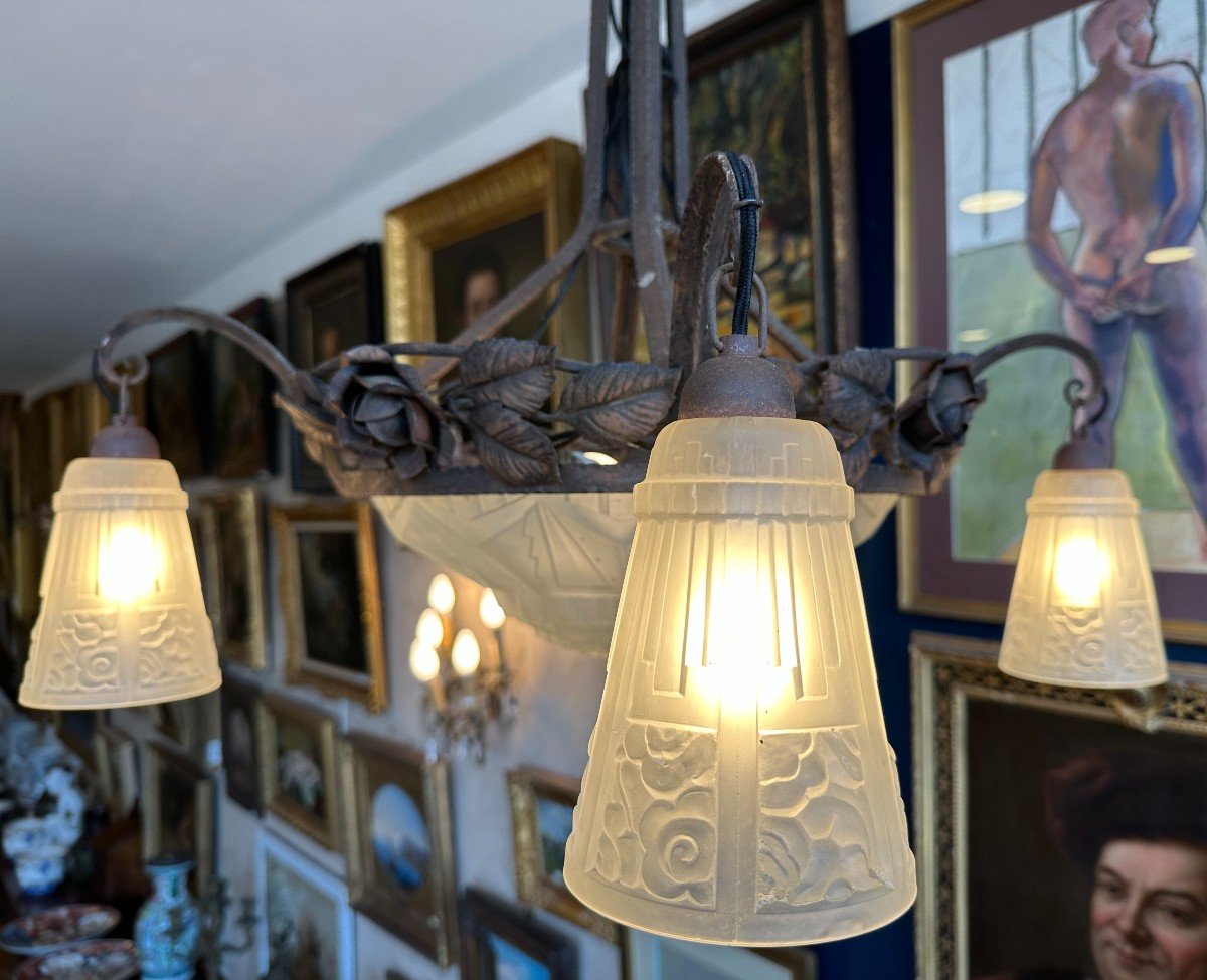 Art Deco Wrought Iron Chandelier Circa 1925-photo-4