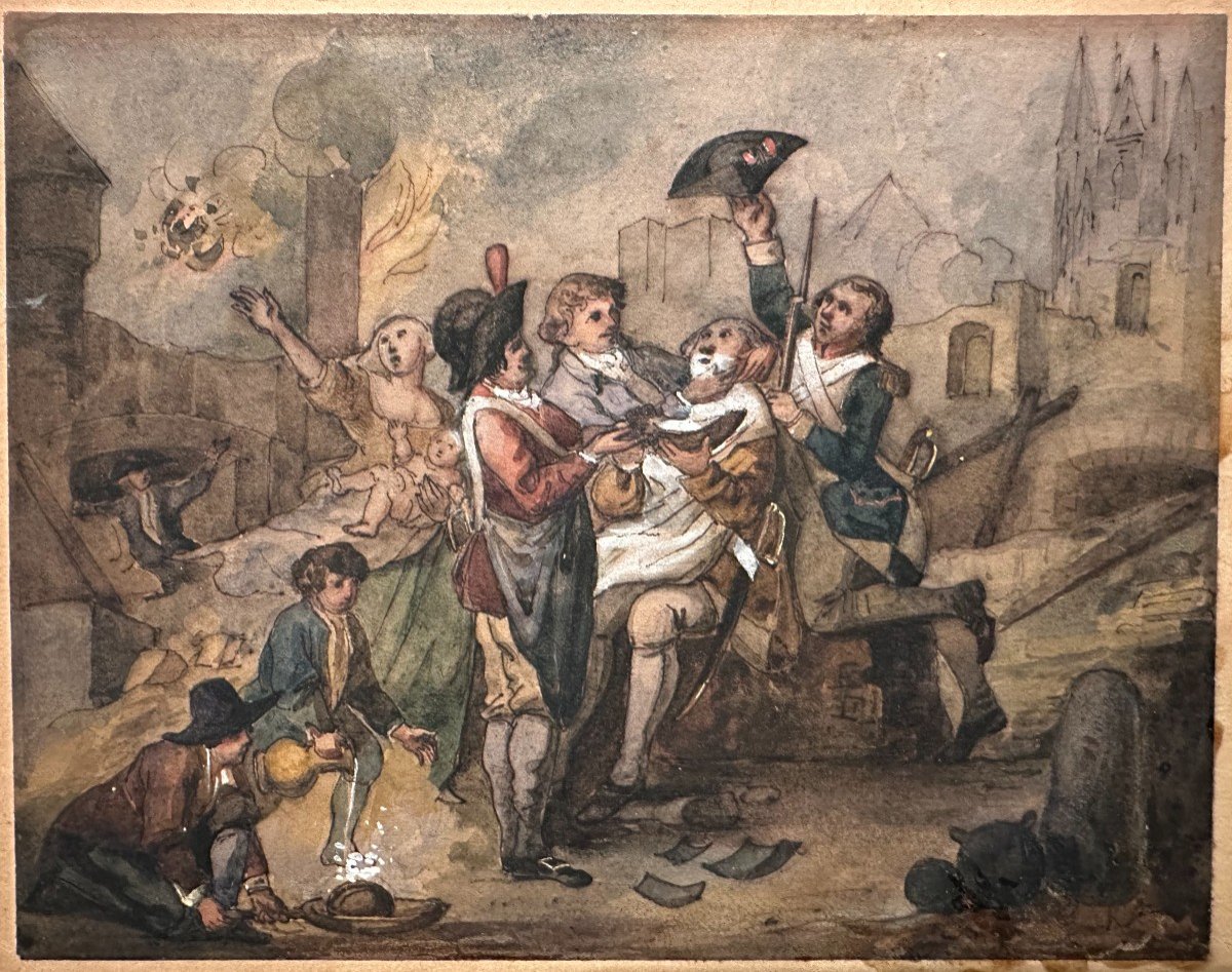 Gouache Watercolor The Siege Of Lille Or The Barber Maes After Watteau De Lille XIXth-photo-3