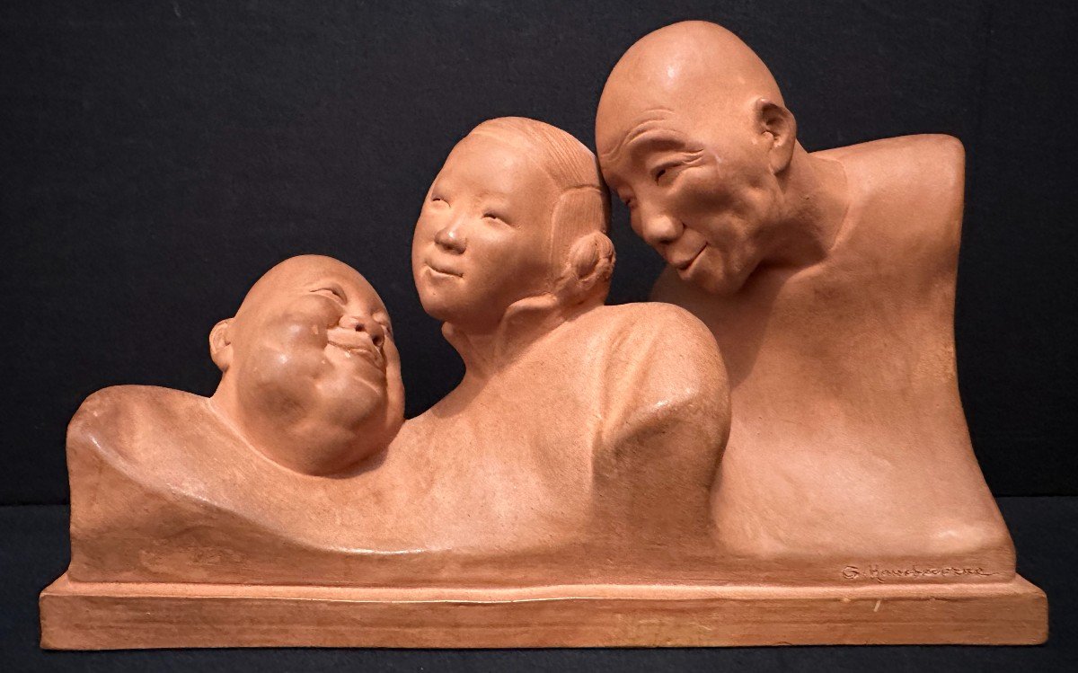 Terre Cuite La Conversation Ou Trois Chinois Discutant Par Gaston Hauchecorne
