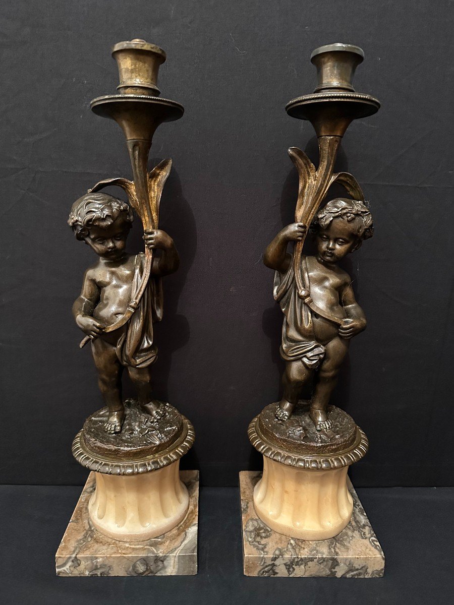 Pair Of Candlesticks Lamps With Bronze Putti Napoleon III Period 19th Century-photo-2