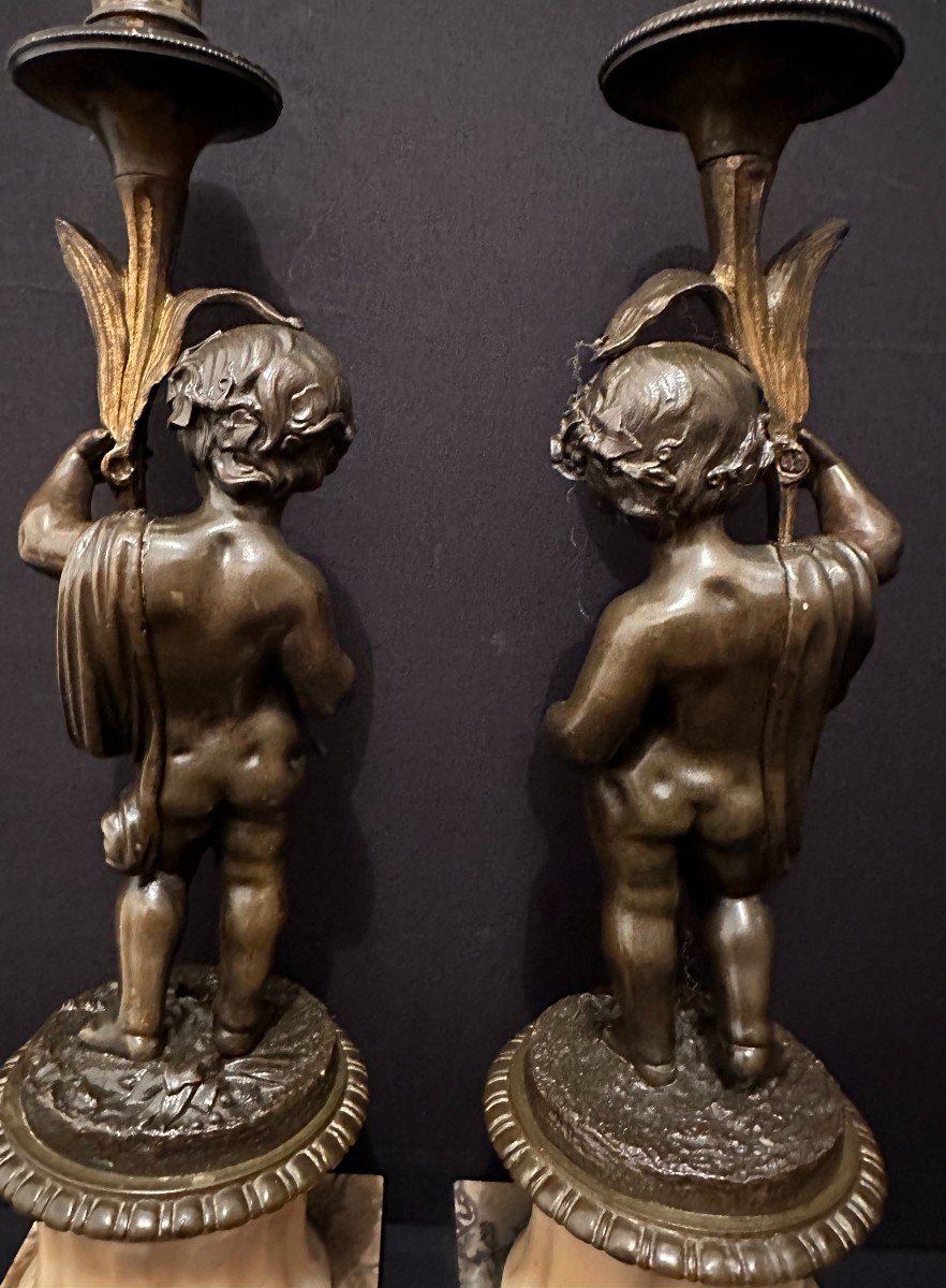 Pair Of Candlesticks Lamps With Bronze Putti Napoleon III Period 19th Century-photo-2