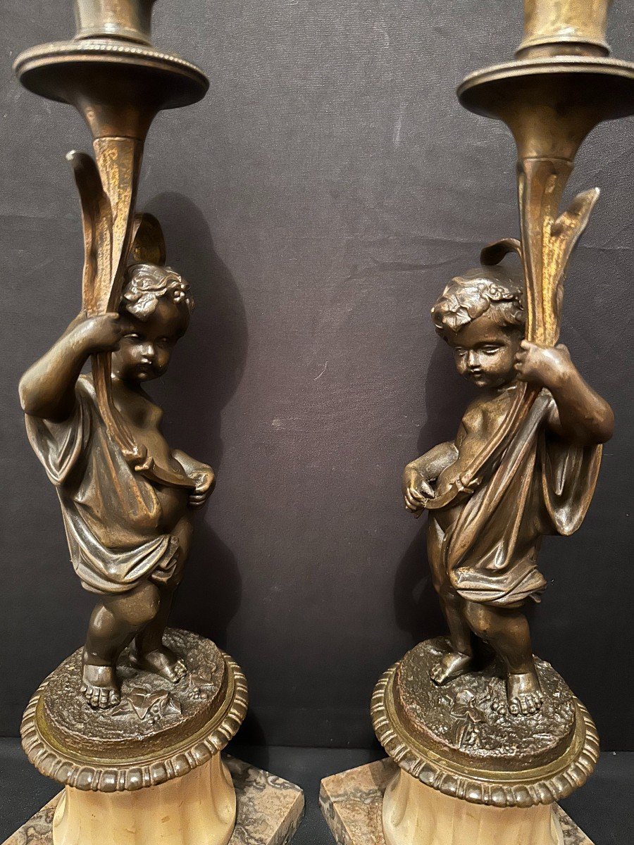 Pair Of Candlesticks Lamps With Bronze Putti Napoleon III Period 19th Century-photo-6
