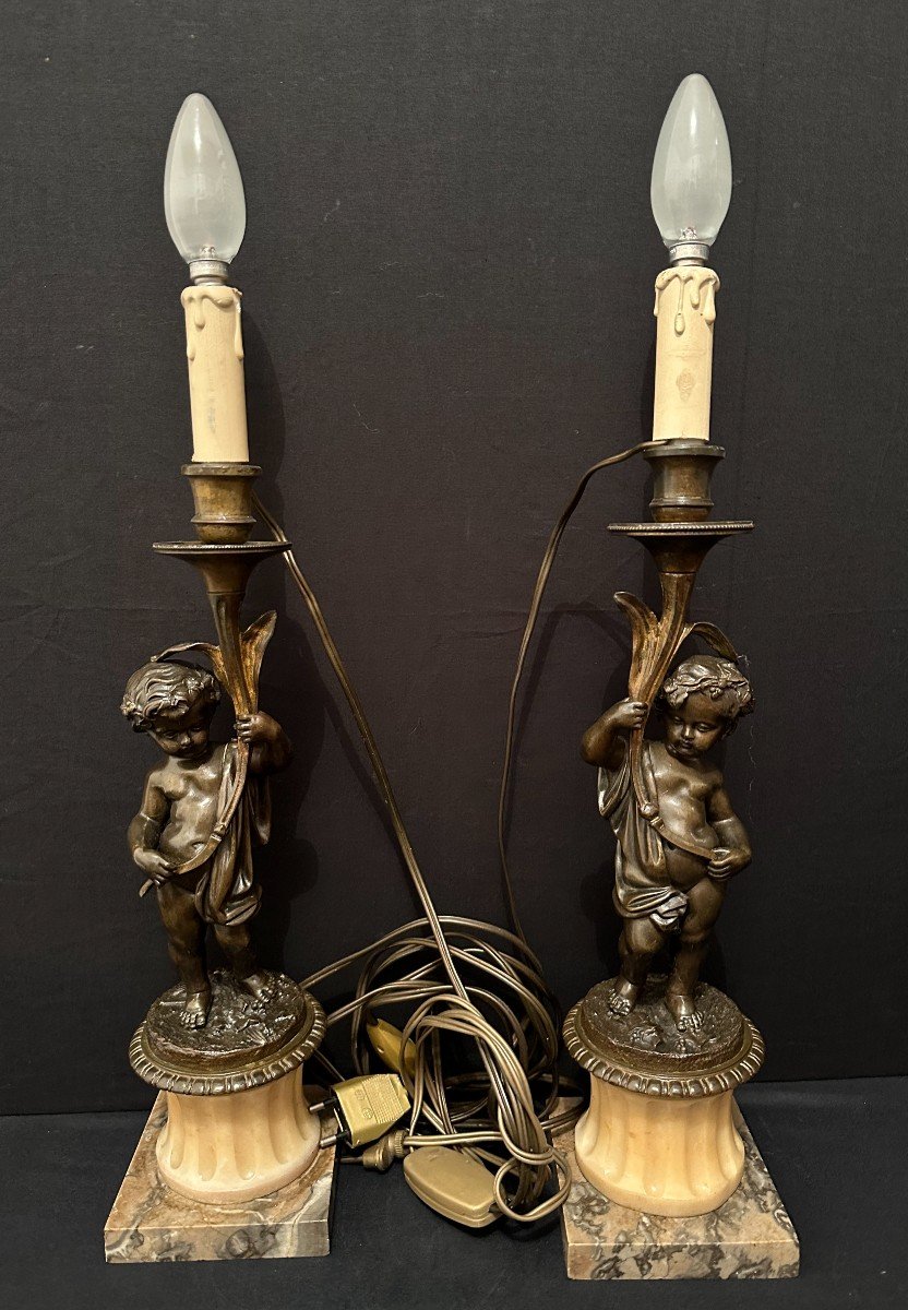 Pair Of Candlesticks Lamps With Bronze Putti Napoleon III Period 19th Century