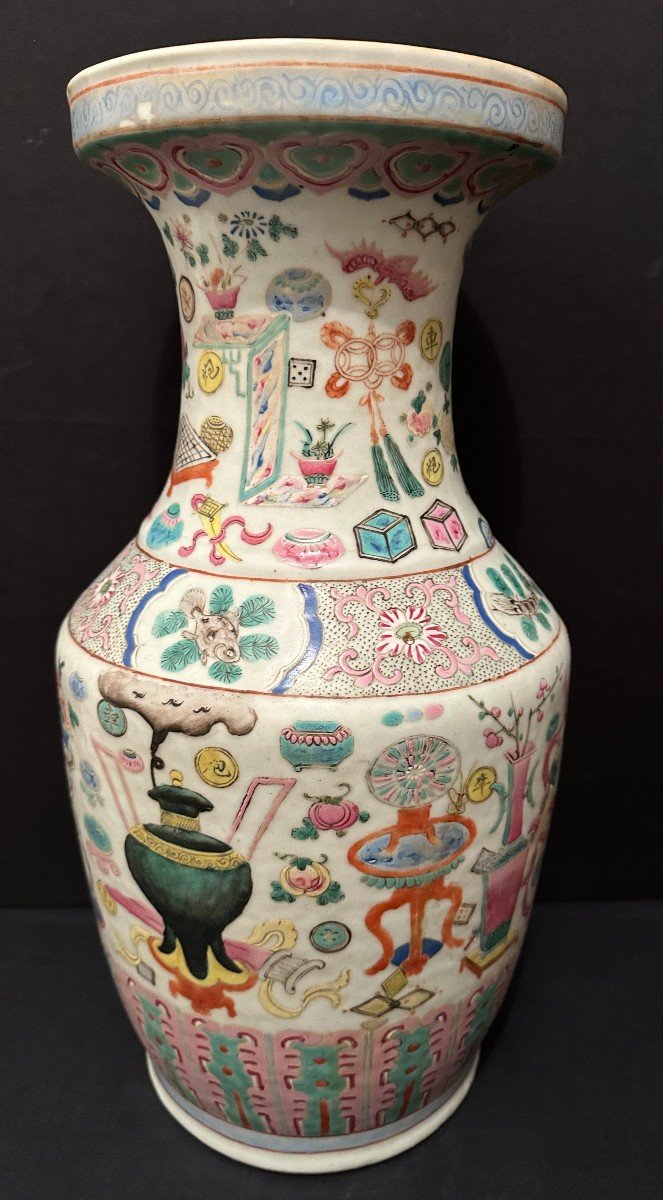 China Canton Porcelain Vase Decorated With Furniture And Animals Late 19th Century-photo-4
