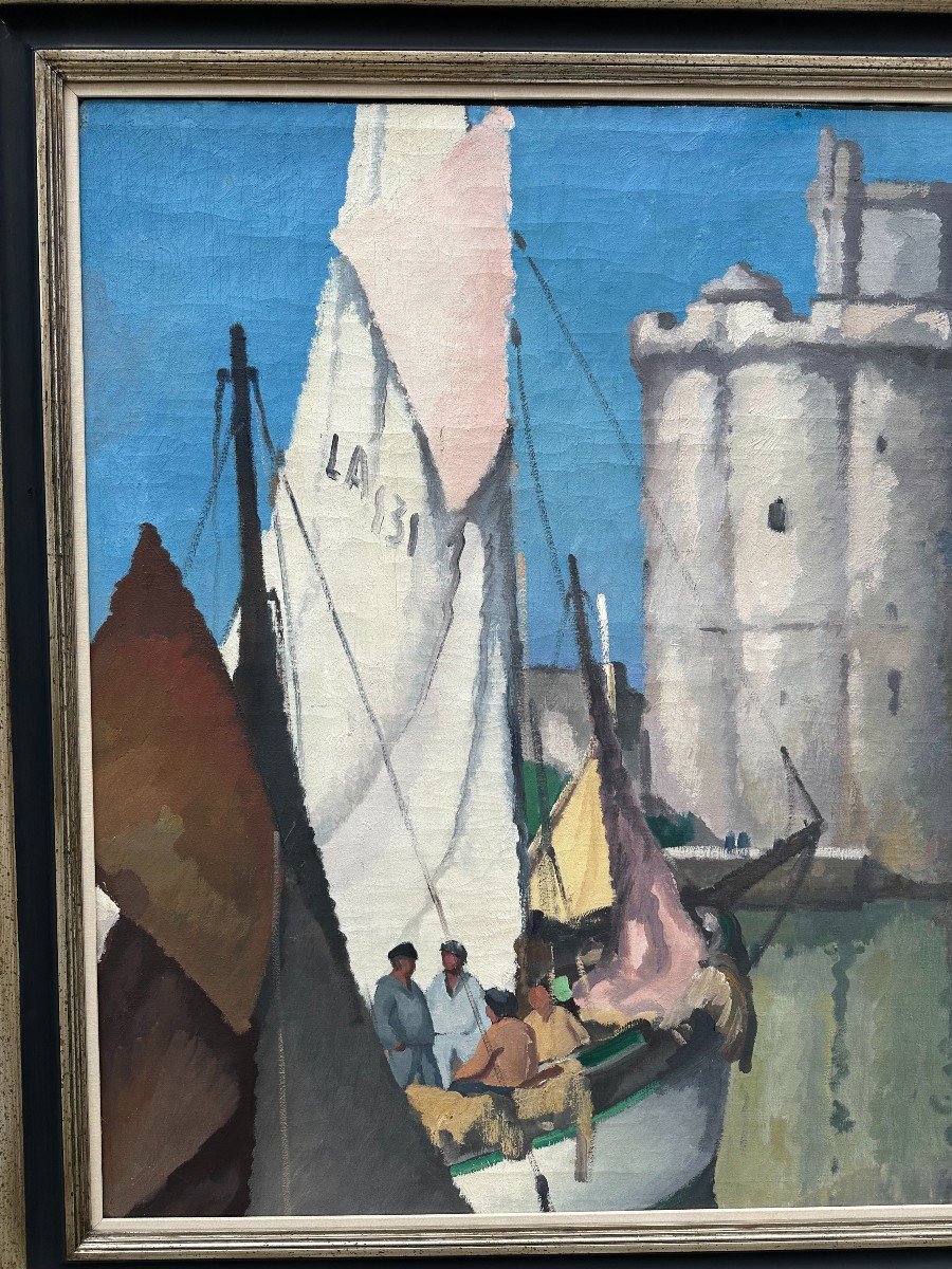 Very Large Painting Port Of La Rochelle By Gaston Balande 1937 198 X 107 Cm-photo-2