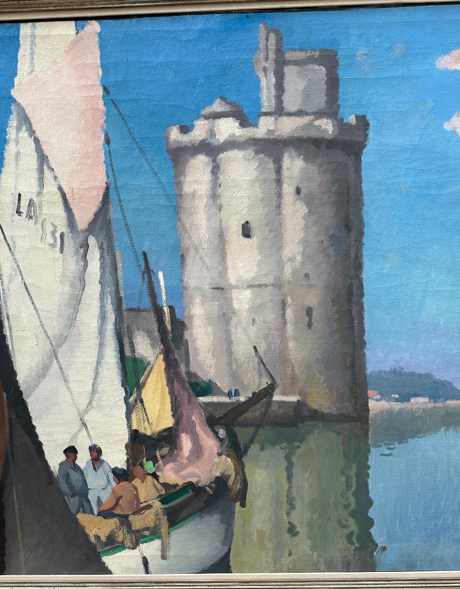 Very Large Painting Port Of La Rochelle By Gaston Balande 1937 198 X 107 Cm-photo-3