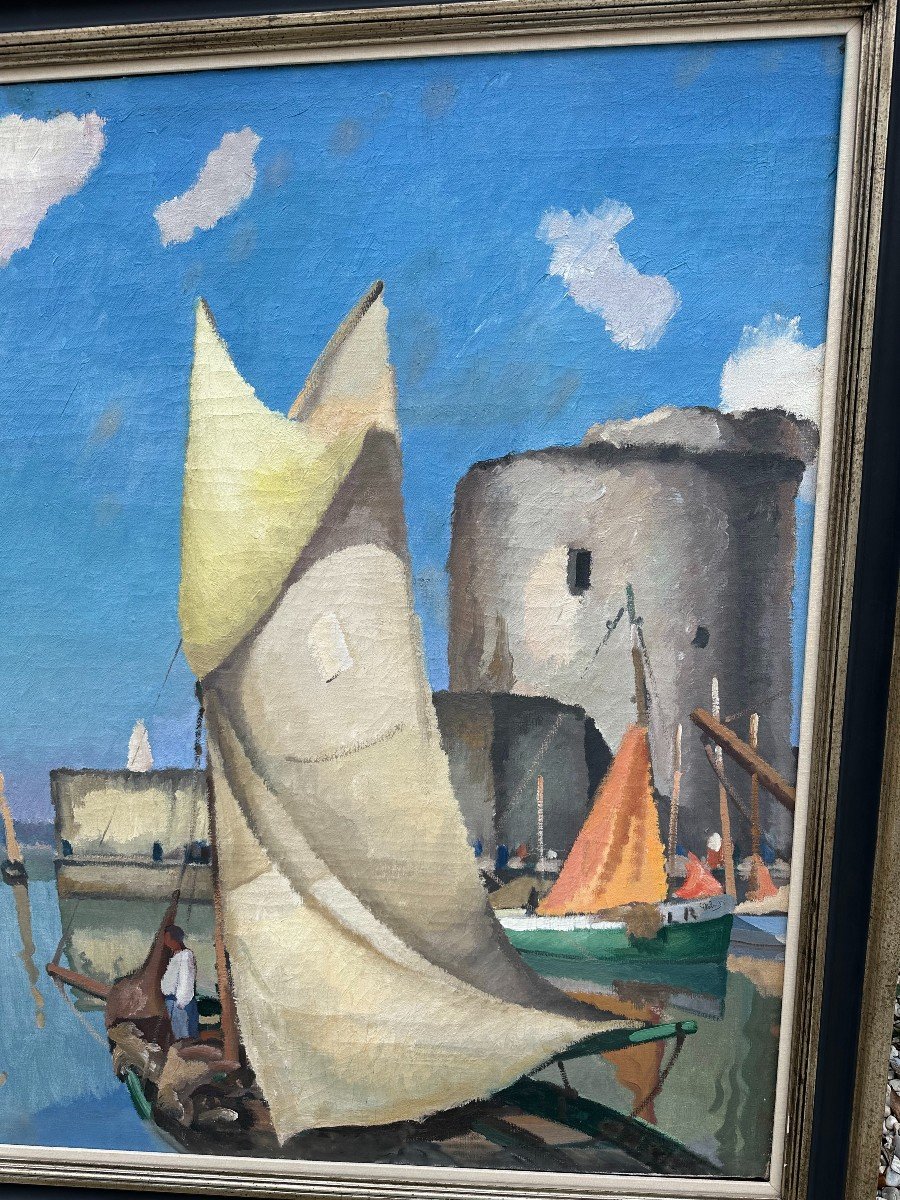 Very Large Painting Port Of La Rochelle By Gaston Balande 1937 198 X 107 Cm-photo-2