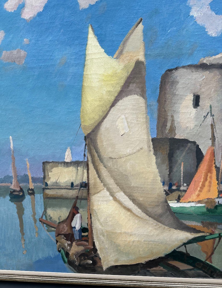 Very Large Painting Port Of La Rochelle By Gaston Balande 1937 198 X 107 Cm-photo-4