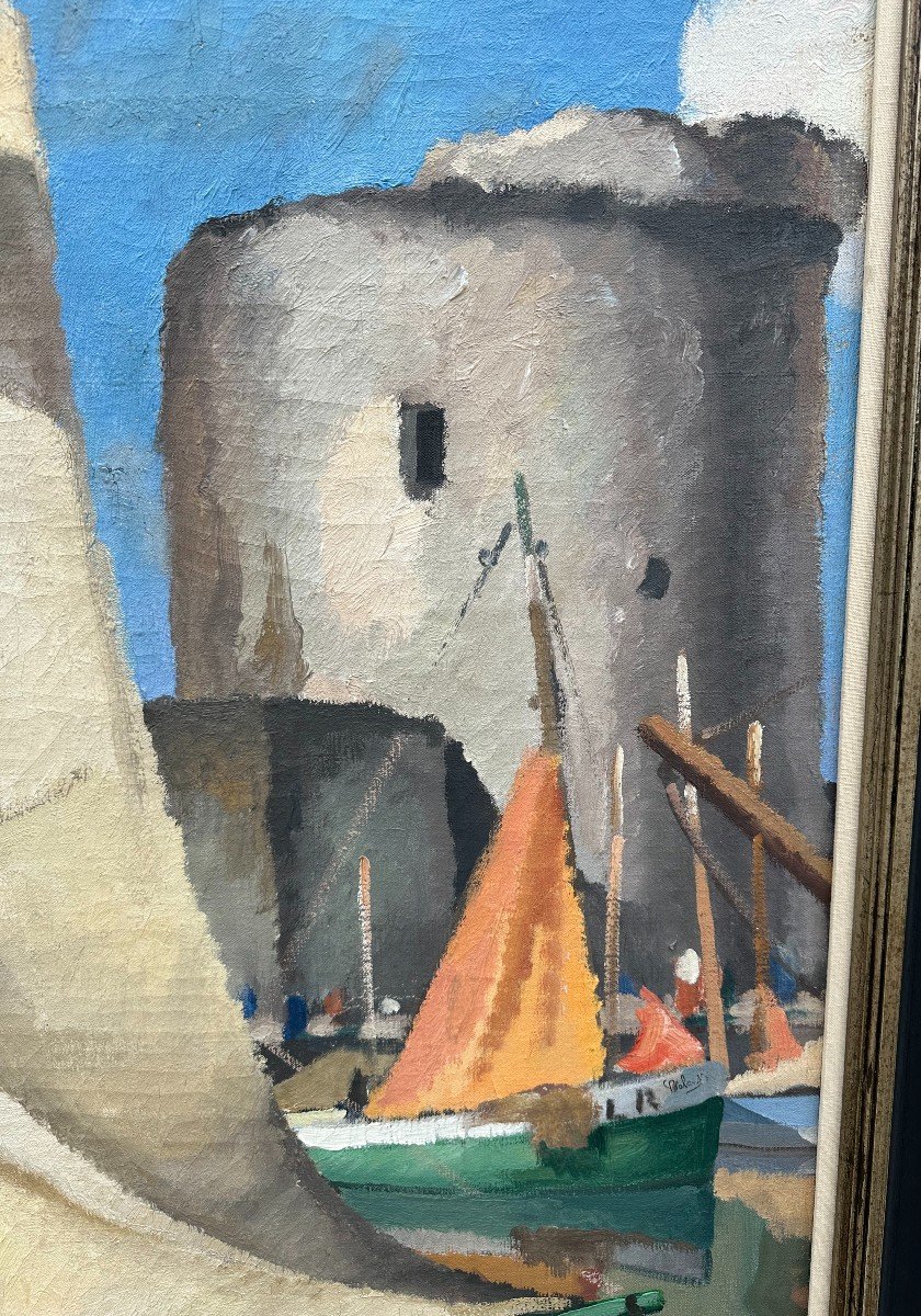 Very Large Painting Port Of La Rochelle By Gaston Balande 1937 198 X 107 Cm-photo-6
