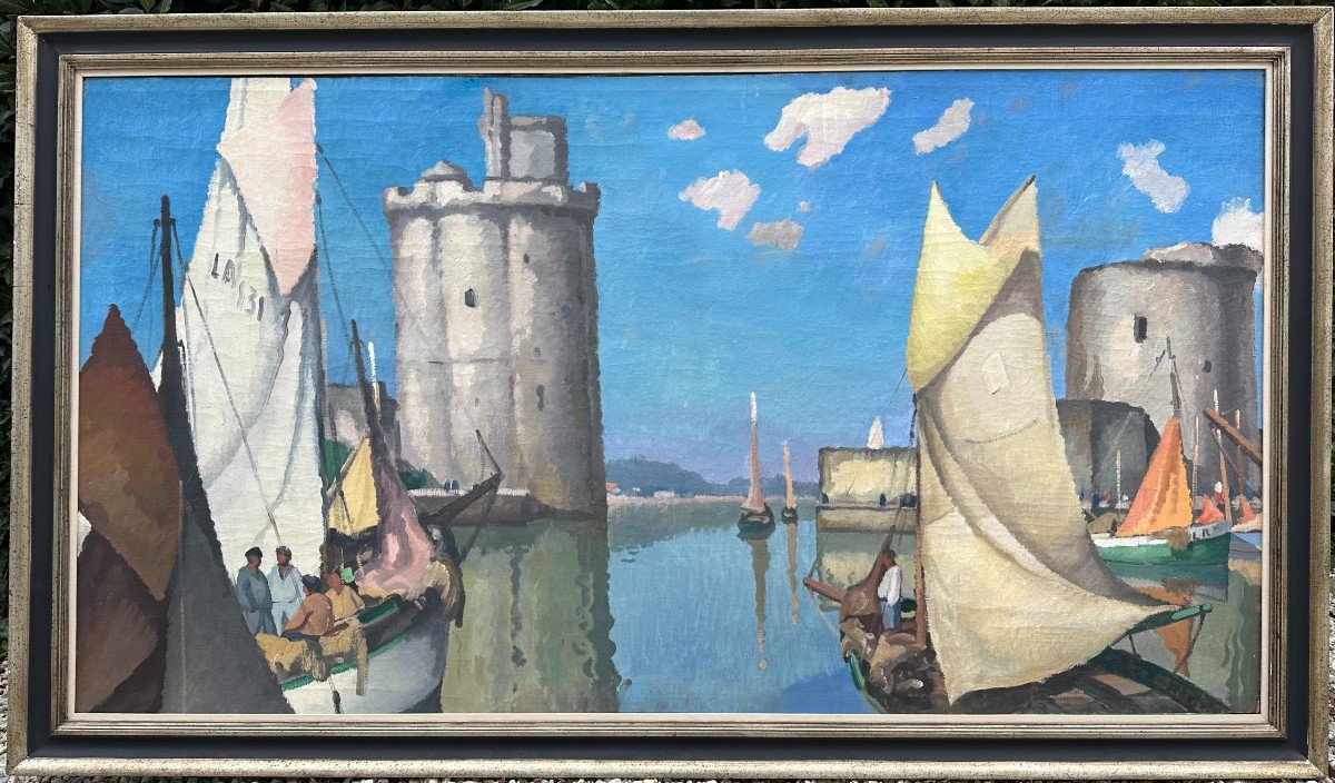 Very Large Painting Port Of La Rochelle By Gaston Balande 1937 198 X 107 Cm