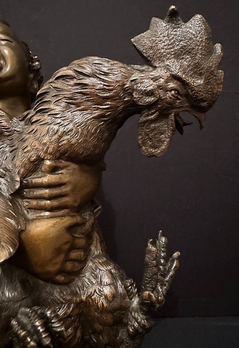 Bronze l'Enfant Au Coq Par Adriano Cecioni Florence Italie XIXème-photo-5