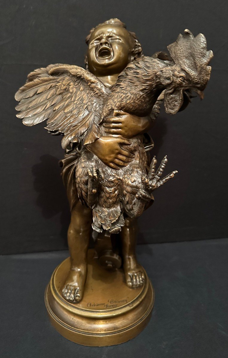 Bronze l'Enfant Au Coq Par Adriano Cecioni Florence Italie XIXème