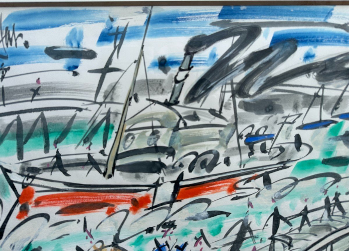  Boat In Port Large  Watercolor By Gen Paul-photo-1