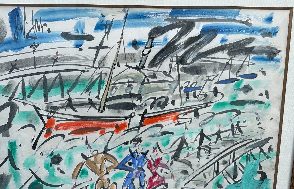  Boat In Port Large  Watercolor By Gen Paul-photo-4
