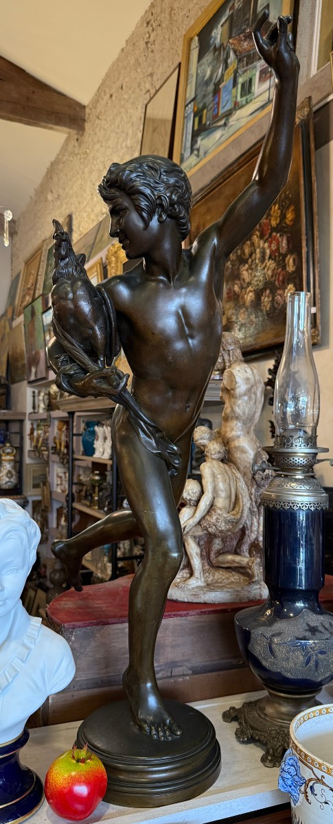Très Grand Bronze Vainqueur Au Combat De Coqs Par Alexandre Falguière 97 Cm Thiébault Fondeur