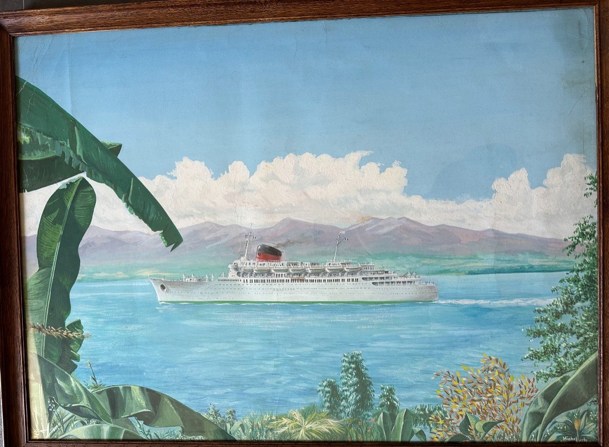 Grande  Gouache du Paquebot Antilles de  la Compagnie Générale Transatlantique Par Michel Lezla-photo-2