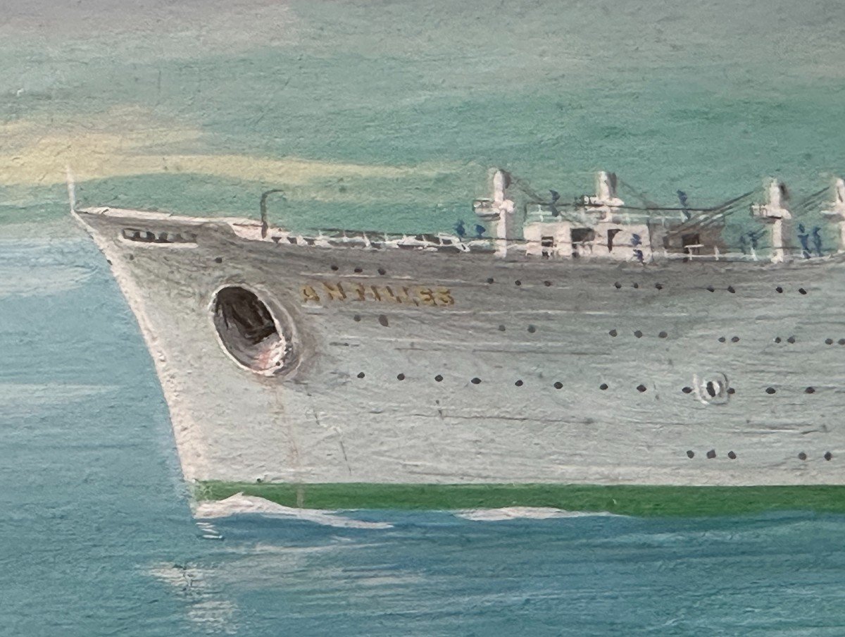 Grande  Gouache du Paquebot Antilles de  la Compagnie Générale Transatlantique Par Michel Lezla-photo-3