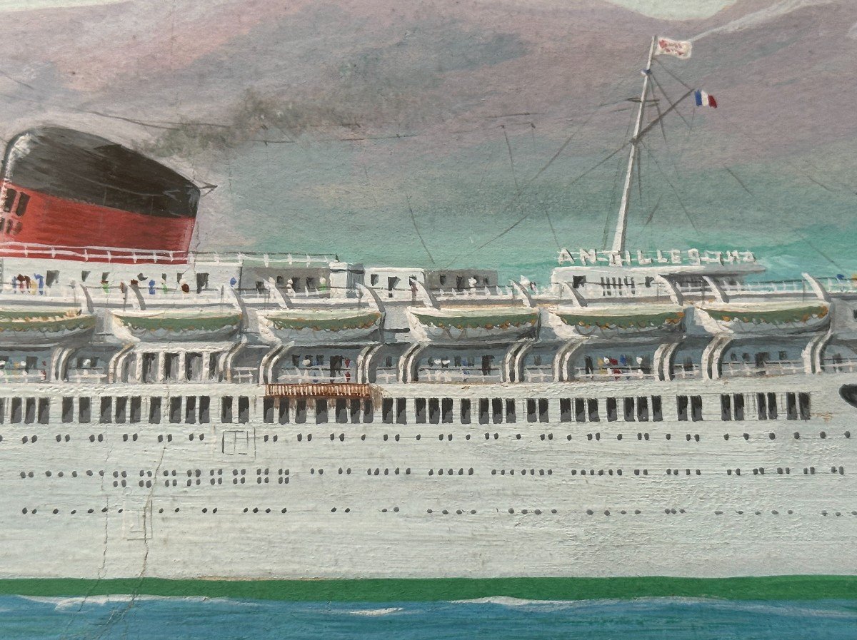 Grande  Gouache du Paquebot Antilles de  la Compagnie Générale Transatlantique Par Michel Lezla-photo-5