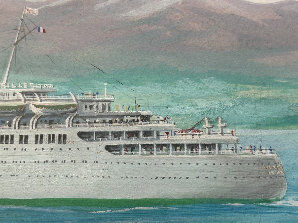 Grande  Gouache du Paquebot Antilles de  la Compagnie Générale Transatlantique Par Michel Lezla-photo-6