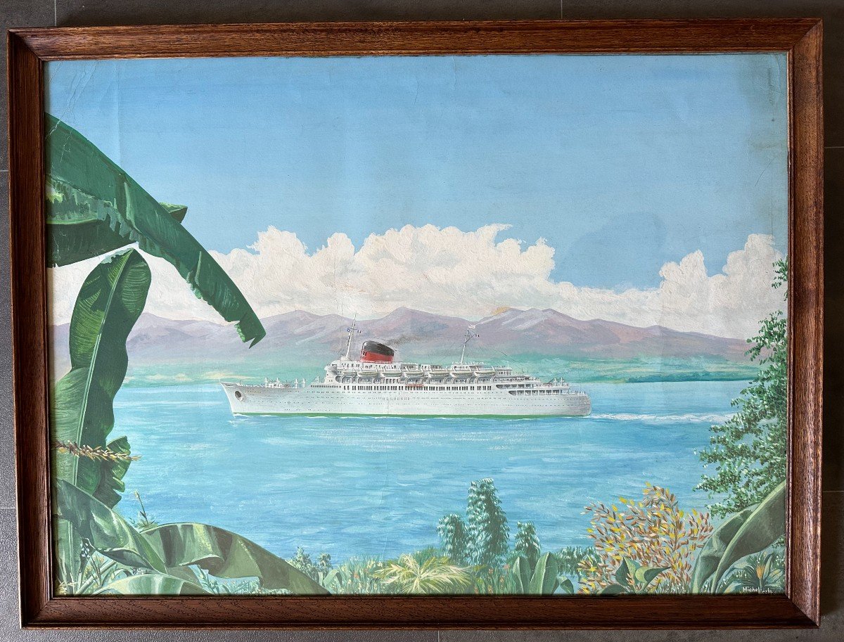 Grande  Gouache du Paquebot Antilles de  la Compagnie Générale Transatlantique Par Michel Lezla