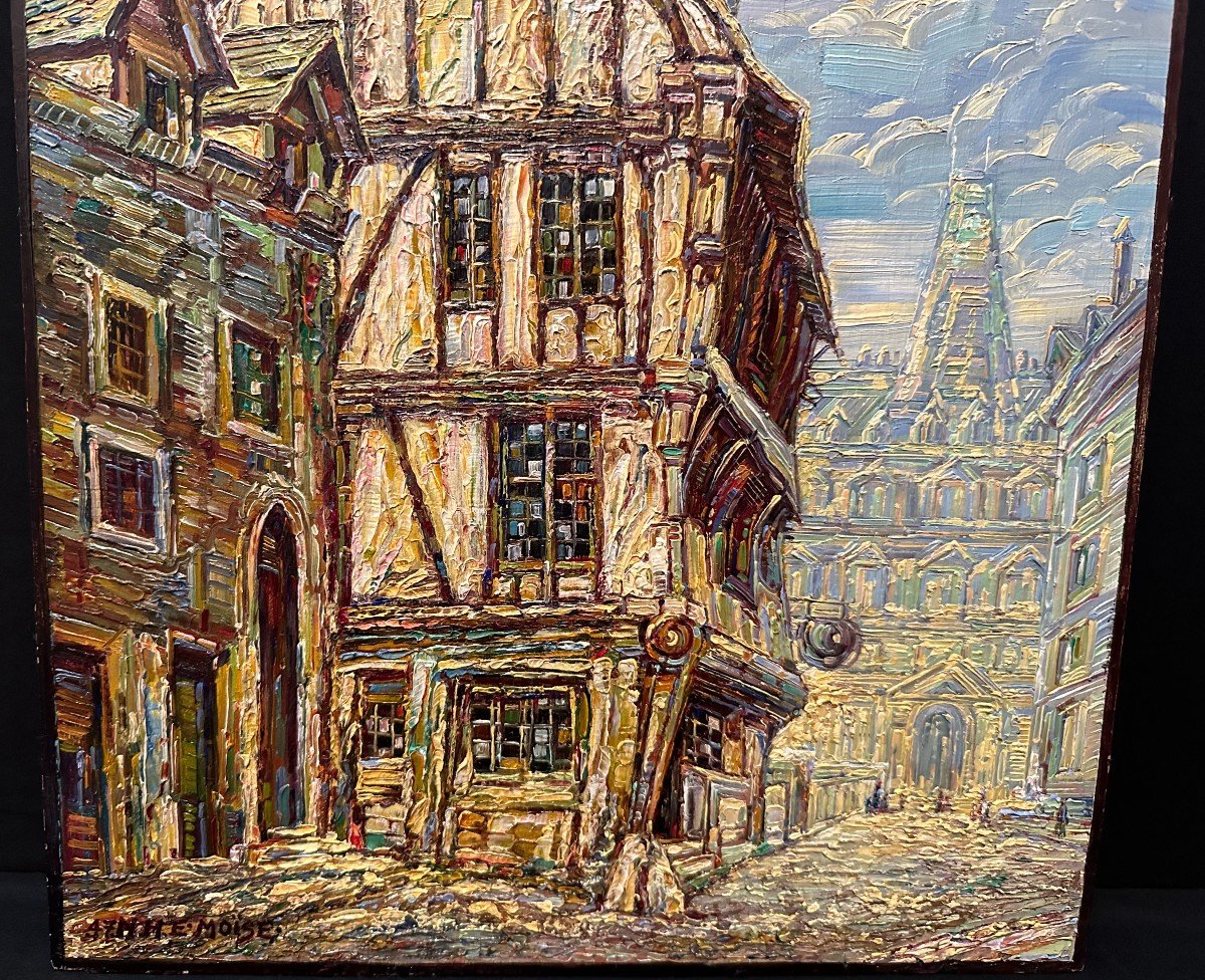 Tableau Vieille Maison Rue Saint Romain à Rouen Par NHE  MOÏSE 1947-photo-2