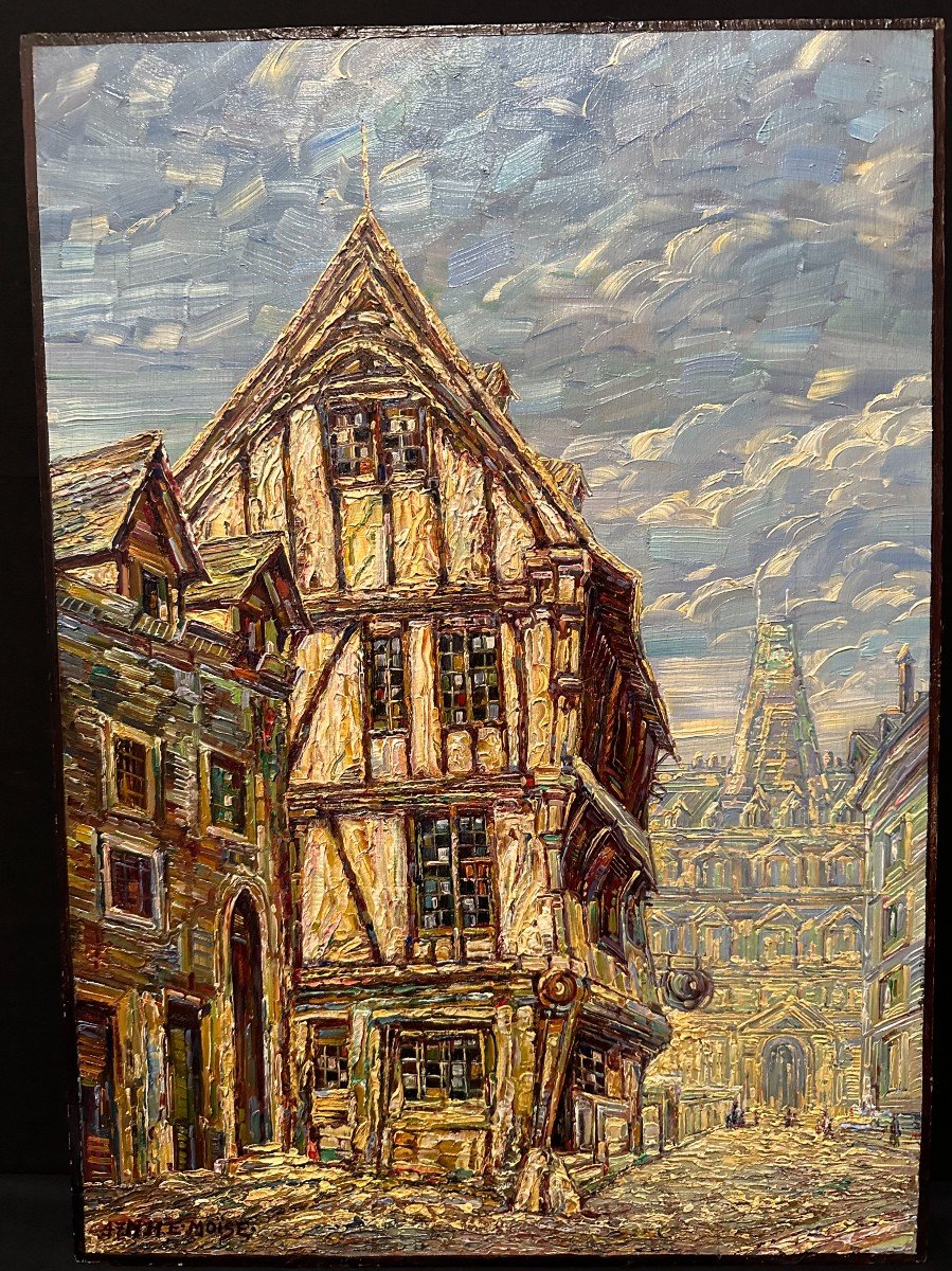 Tableau Vieille Maison Rue Saint Romain à Rouen Par NHE  MOÏSE 1947