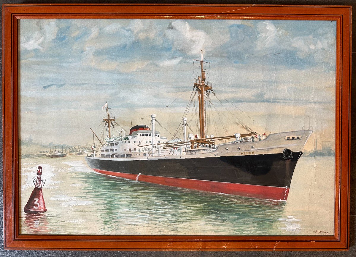 Grande Gouache Du Cargo Pérou De La Compagnie Générale Transatlantique Par Michel Lezla 1954