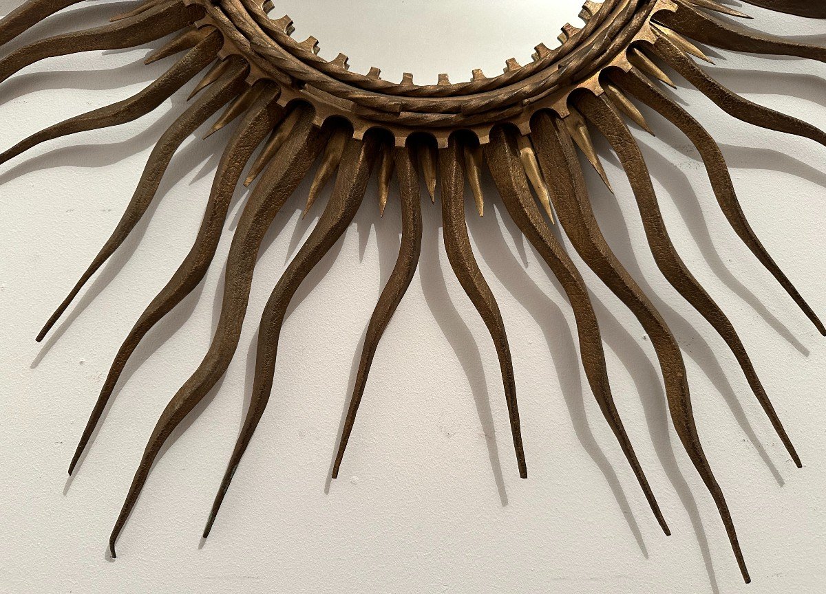Large Golden Metal Sun Mirror Circa 1950-photo-3